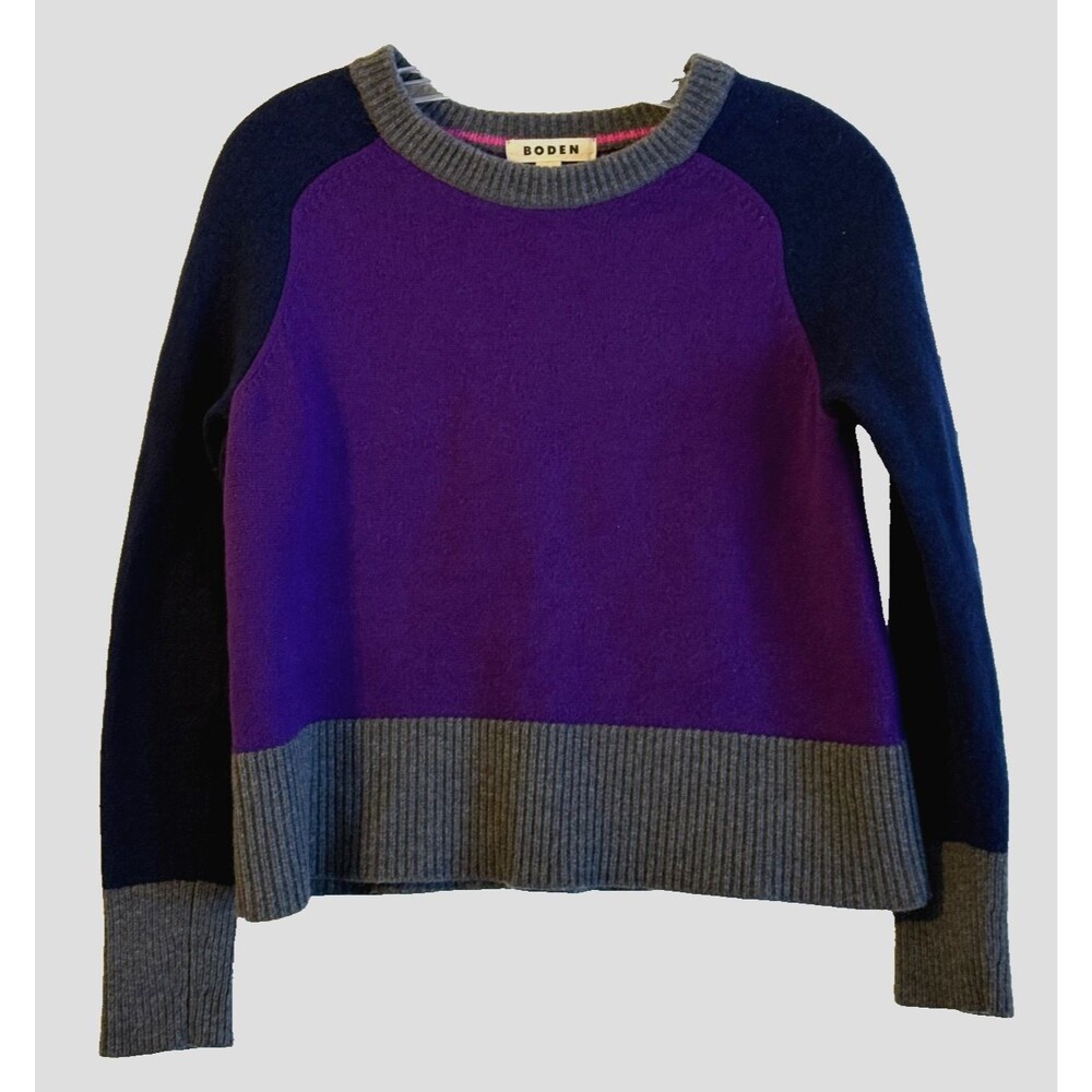 Boden Olivia Color Block Merino Wool Sweater featuring Purple, Navy Blue & Gray